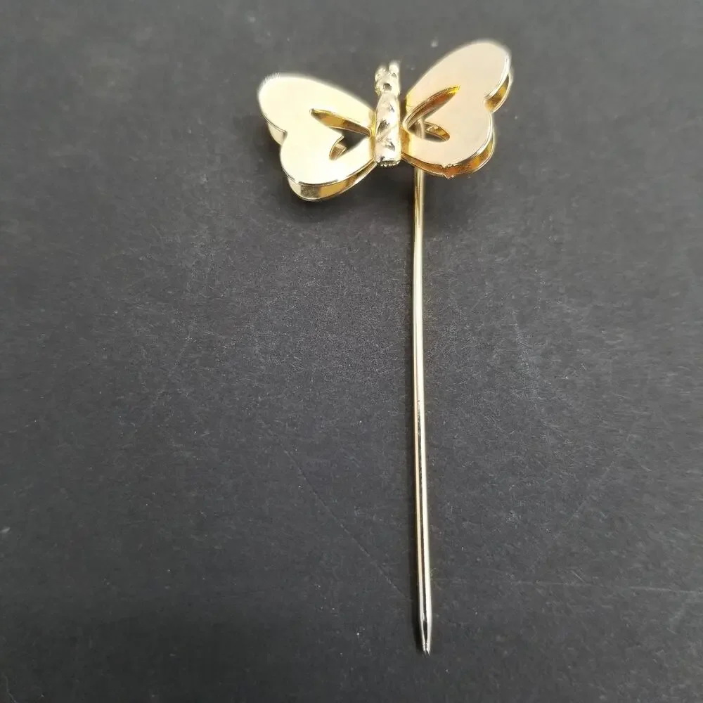 Vintage Golden Butterfly Stick Lapel Pin Sharp End Womens Costume Jewelry